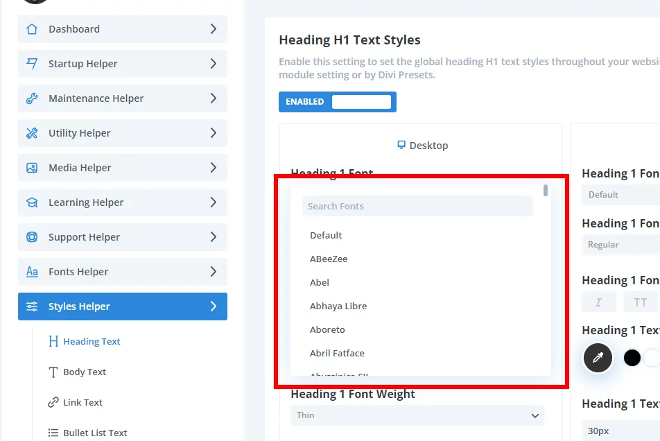 Divi assistant styles helper font search dropdown