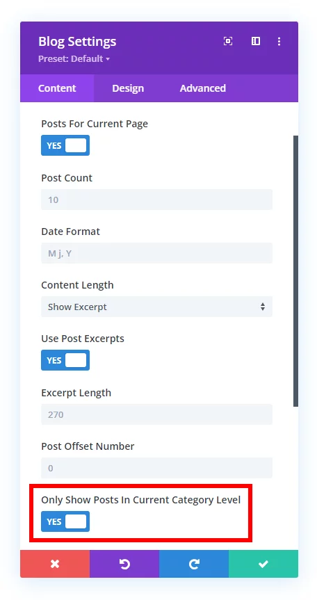 only show current level taxonomies posts setting enabled in the Blog module in the Divi Taxonomy Helper plugin