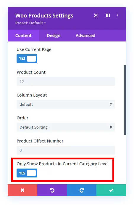 only show current level taxonomies setting enabled in the Woo Products module in the Divi Taxonomy Helper plugin