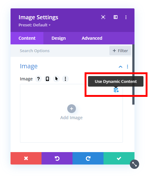 select the dynamic content icon in a Divi Theme Builder image module to add a dynamic featured taxonomy image