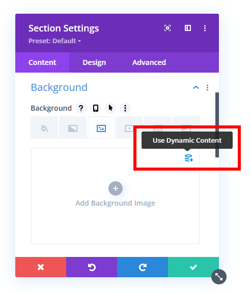select the dynamic content icon in a Divi Theme Builder section to add a dynamic featured taxonomy image