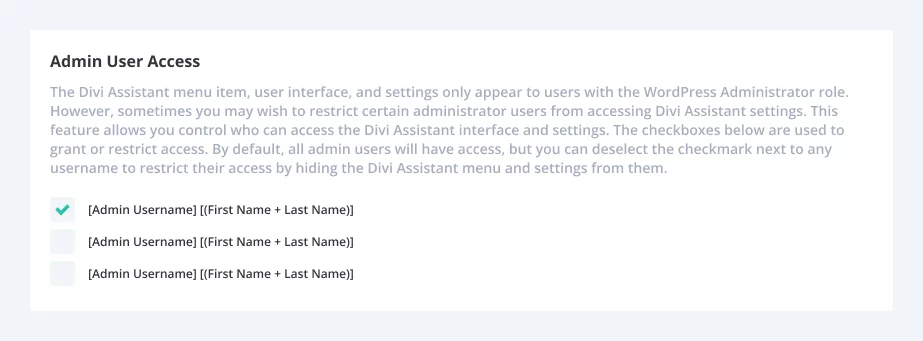 Admin User Access Settings In Divi Assistant Plugin