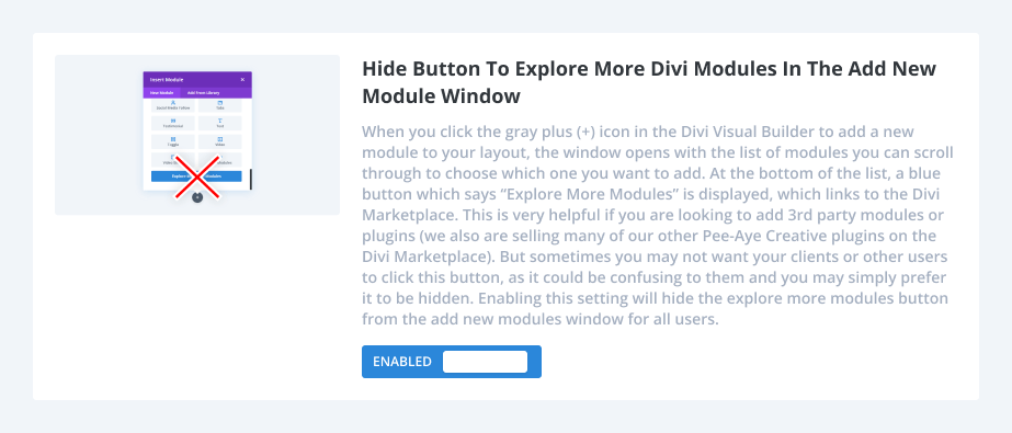 Hide Button To Explore More Divi Modules In the Add New Module Window using the Divi Assistant plugin