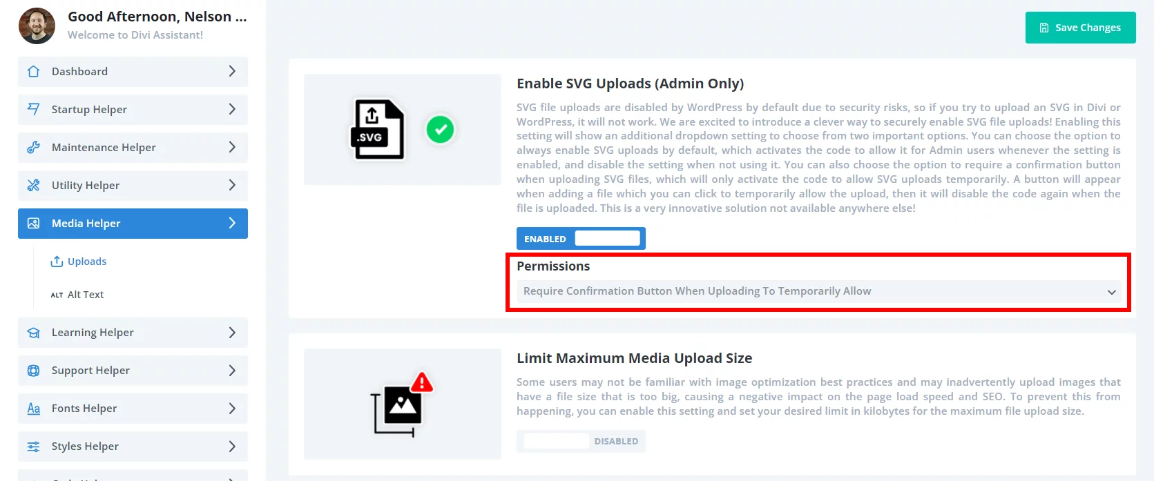 enable svg upload permission settings in Divi Assistant