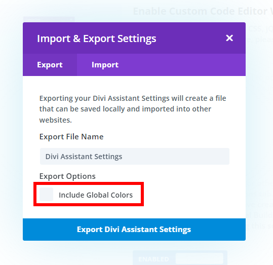 include global colors in Divi Assistant settings export