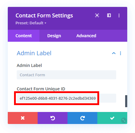 setting a unique ID in the Divi Contact Form to save entries to the db database