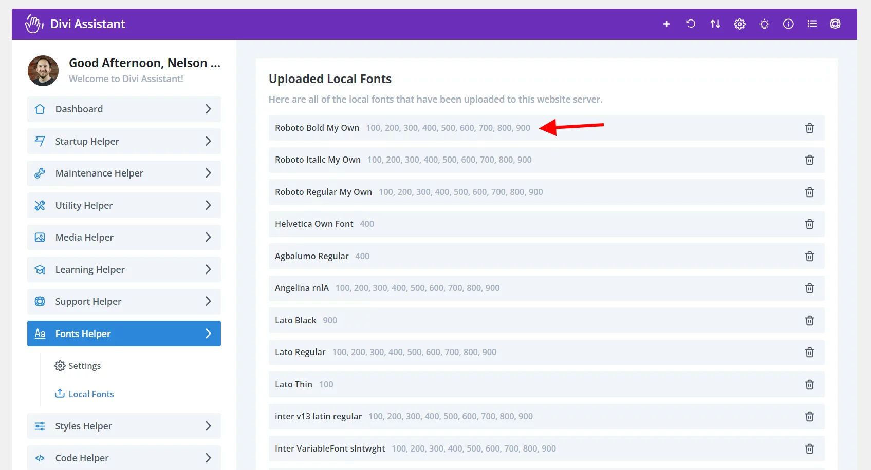 showing the uploaded local font weights in the Divi Assistant Fonts Helper