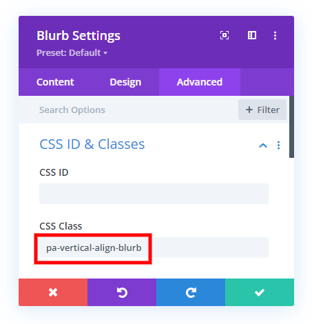 add a custom class to vertically align the Divi blurb image and content