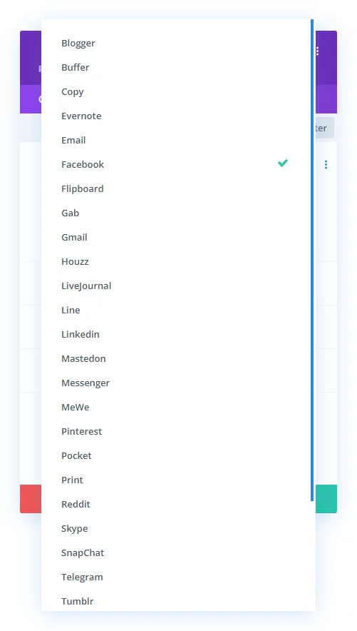 choosing a social network for the Divi Social Sharing Buttons module choosing a social network for the Divi Social Sharing Buttons module