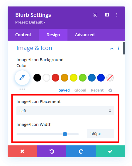 set the Divi Blurb module settings to image left position and custom width