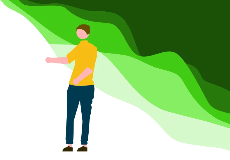 Man presenting in front of abstract green waves.