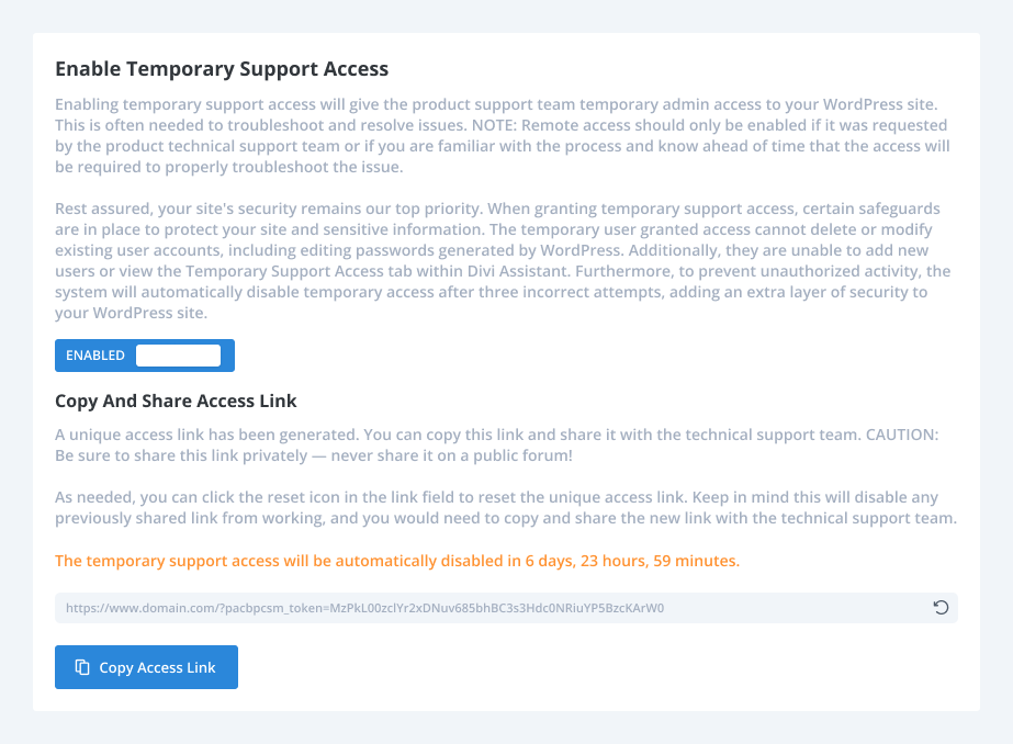 Enable Temporary Support Access Settings in the Divi Assistant Plugin