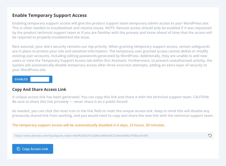 Enable Temporary Support Access Settings in the Divi Assistant Plugin Enable Temporary Support Access Settings in the Divi Assistant Plugin