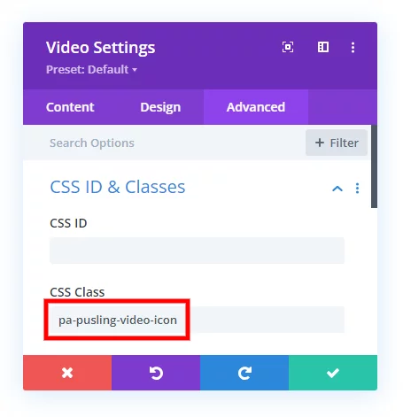 add a CSS class to the Divi Video module to makee a pulsing play icon