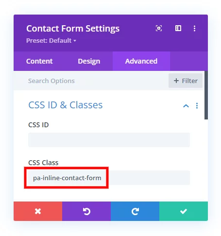 add custom css class to the Divi Contact form module to make the fields inline