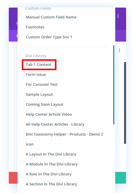 choose the layout from the Divi Library to add to the Divi Tabs Maker module content