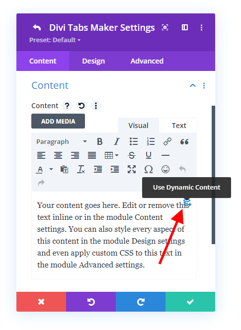 click on the user dynamic content icon in the Divi Tabs Maker module settings