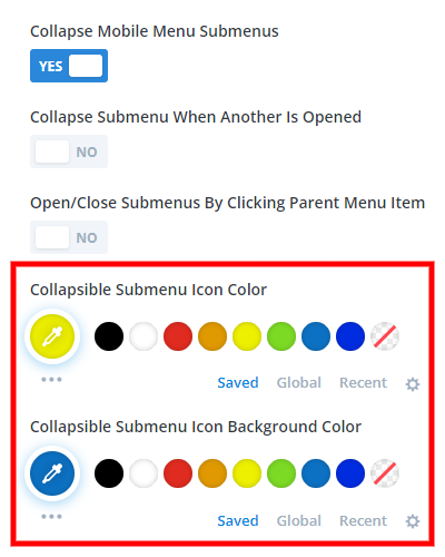 collapse mobile menu submenu icon color setting in the Divi Responsive Helper 2.4