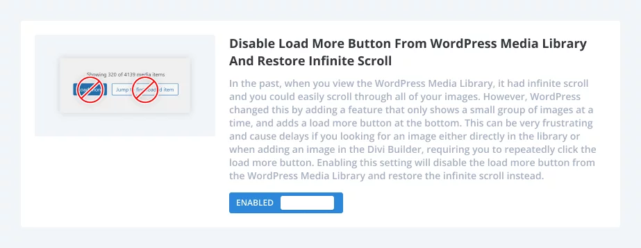 how to Disable Load More button from WordPress Media Library And Restore Infinite Scroll using the Divi Assistant plugin