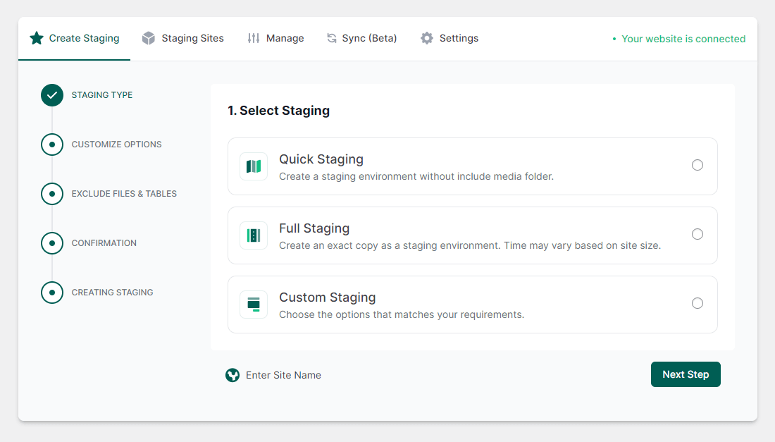 how to create a staging site for Divi select staging type