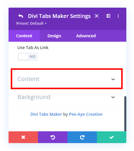 locate the content tab in the Divi Tabs Maker module settings