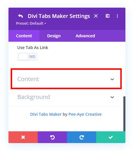 locate the content tab in the Divi Tabs Maker module settings locate the content tab in the Divi Tabs Maker module settings