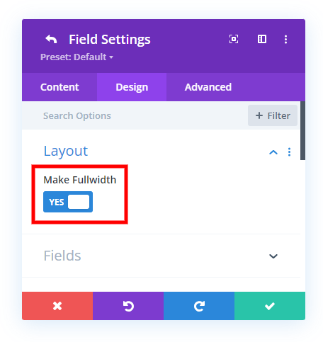set the Divi contact form field fullwidth to make them inline
