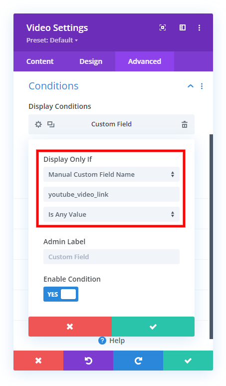 set up Divi Video module Condition to only show based on a video URL in a custom field