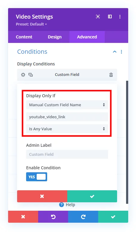 set up Divi Video module Condition to only show based on a video URL in a custom field set up Divi Video module Condition to only show based on a video URL in a custom field