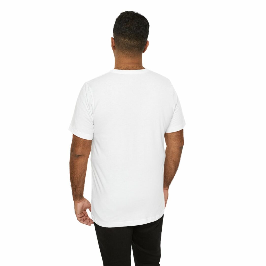 Man wearing plain white t-shirt, rear view.