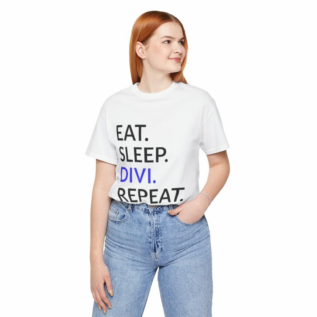 Woman in white 'Eat Sleep Divi Repeat' t-shirt.
