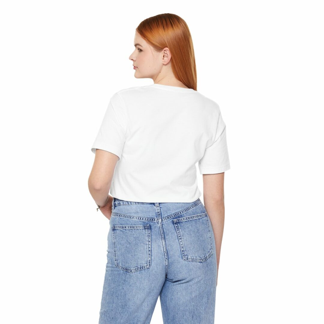 Woman in white t-shirt and blue jeans rear view.