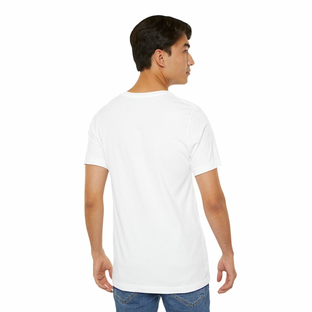 Man wearing white t-shirt rear view
