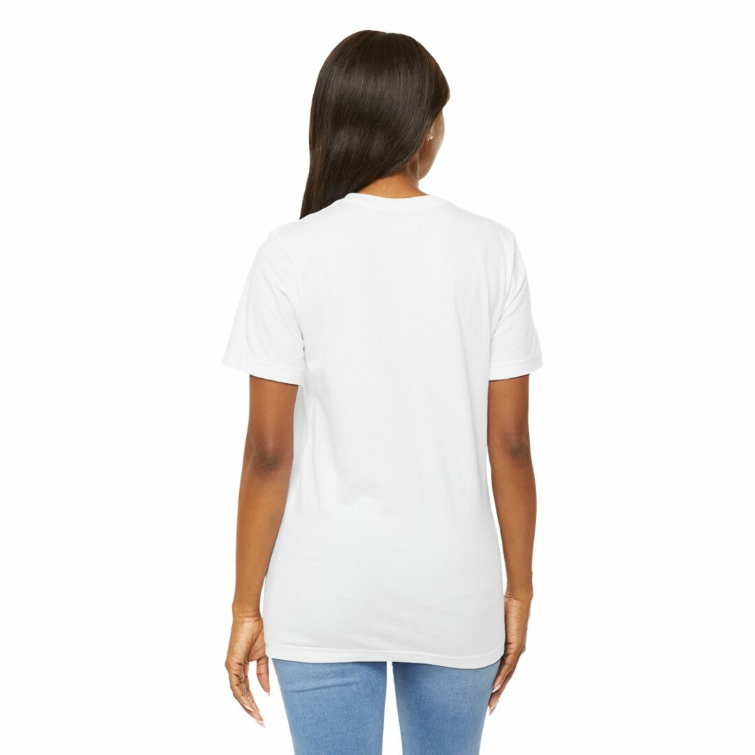Woman wearing plain white t-shirt, rear view.