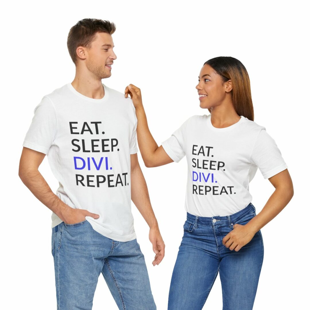 Two people wearing 'Eat. Sleep. Divi. Repeat.' slogan t-shirts.
