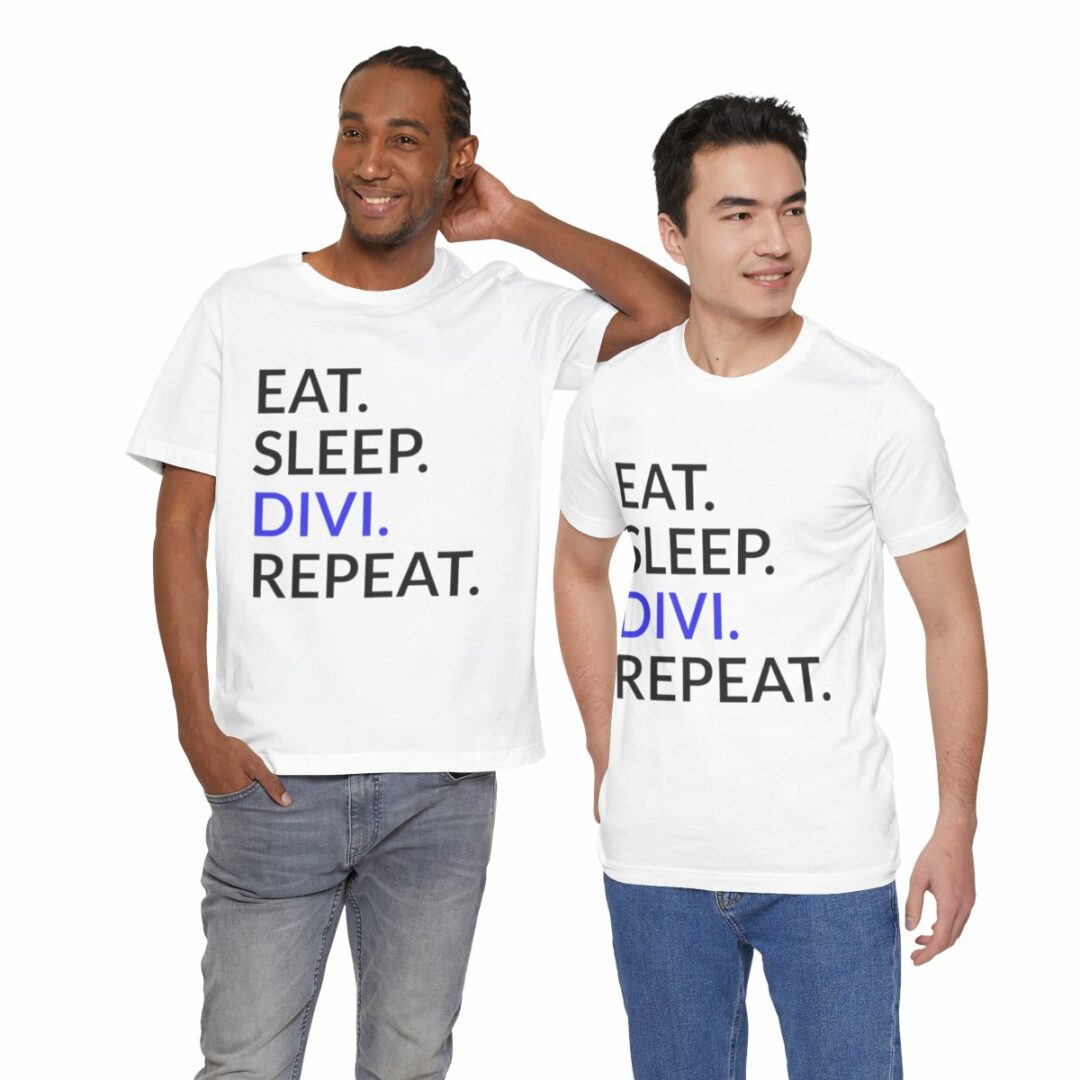 Men modeling slogan t-shirts, "EAT. SLEEP. DIVI. REPEAT.