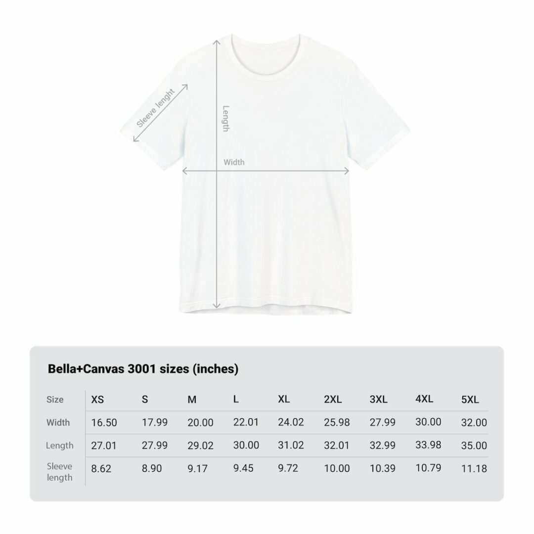 White t-shirt size chart, Bella+Canvas 3001 measurements.