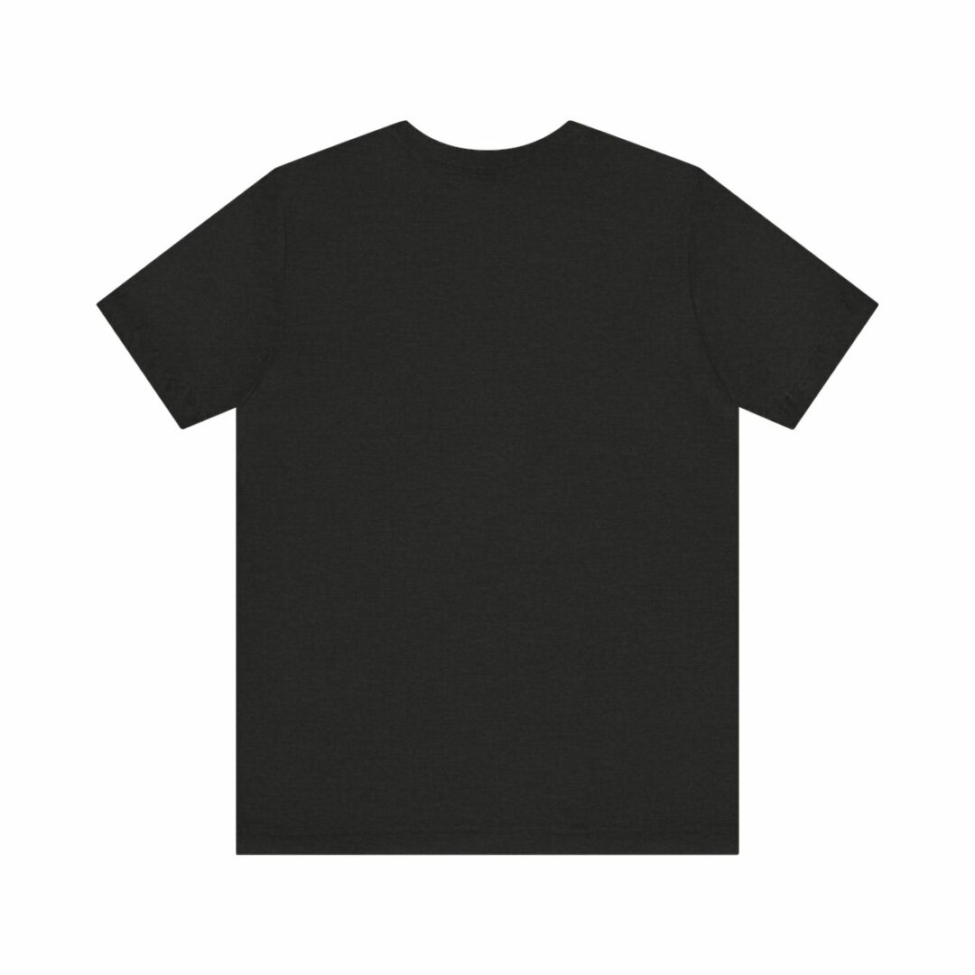 Plain black t-shirt rear view on white background.
