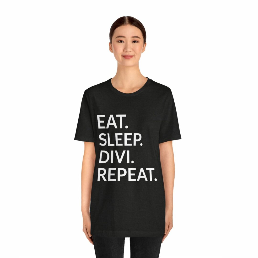 Woman in black 'Eat Sleep Divi Repeat' t-shirt.