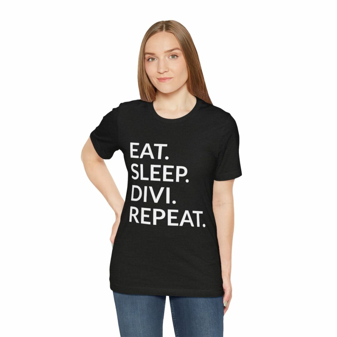 Woman in black 'Eat Sleep Divi Repeat' t-shirt.