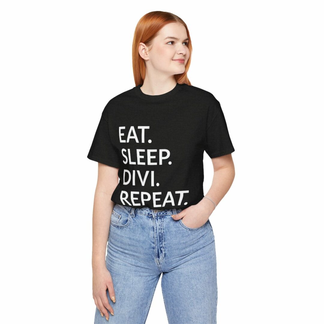 Woman in black 'Eat. Sleep. Divi. Repeat.' slogan t-shirt.