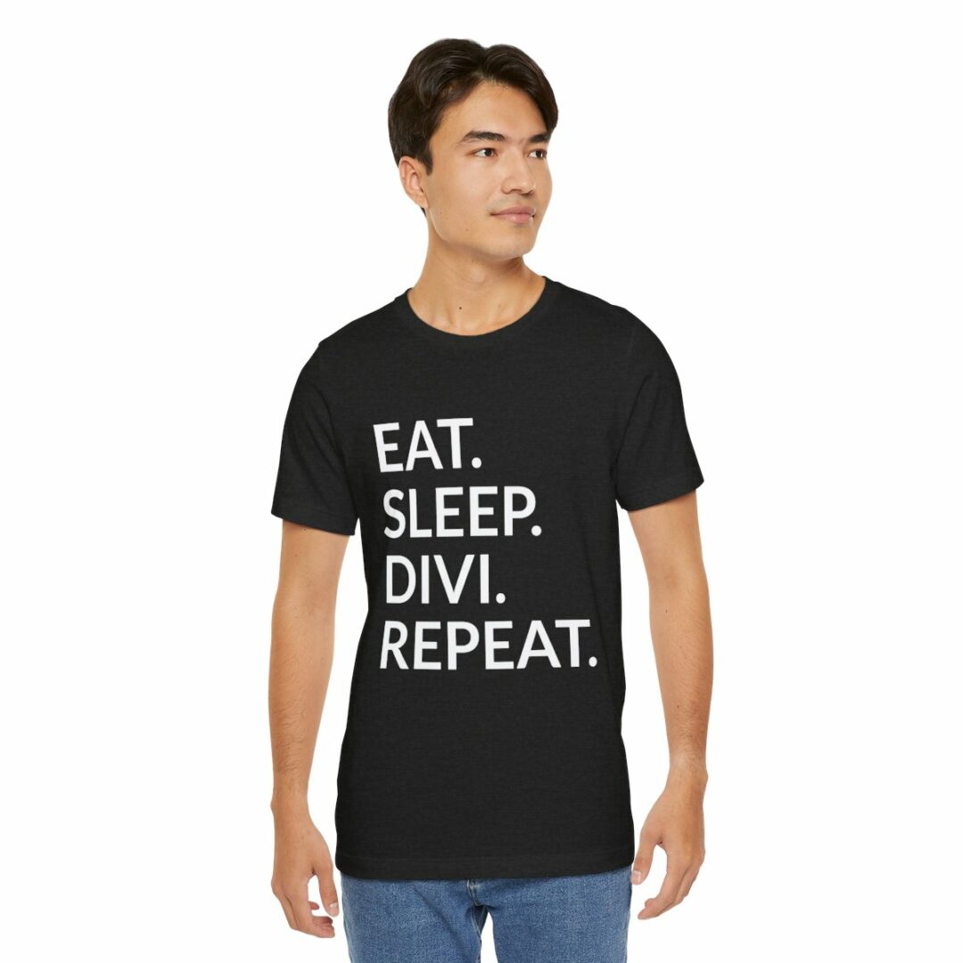 Man wearing black 'Eat Sleep Divi Repeat' t-shirt.