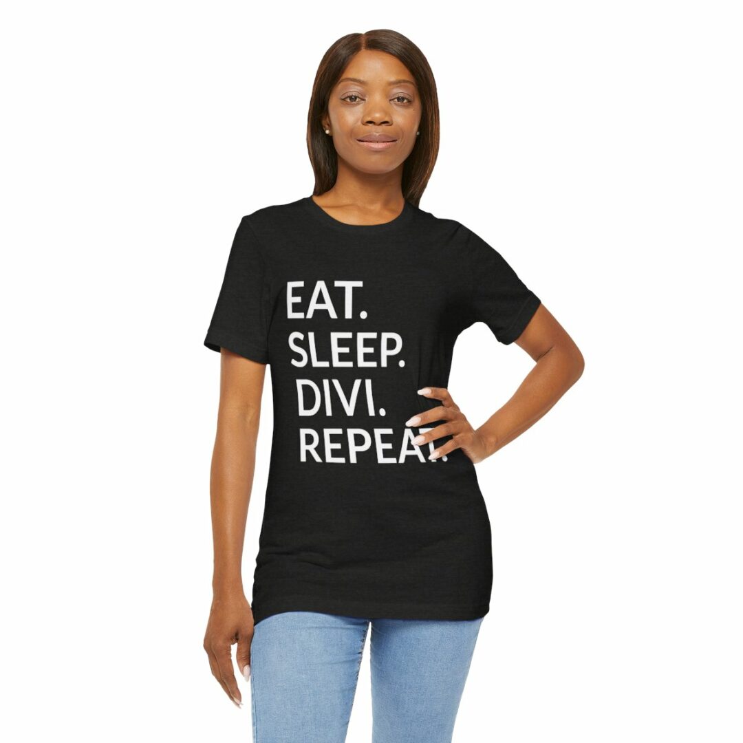 Woman in black t-shirt with motivational text.