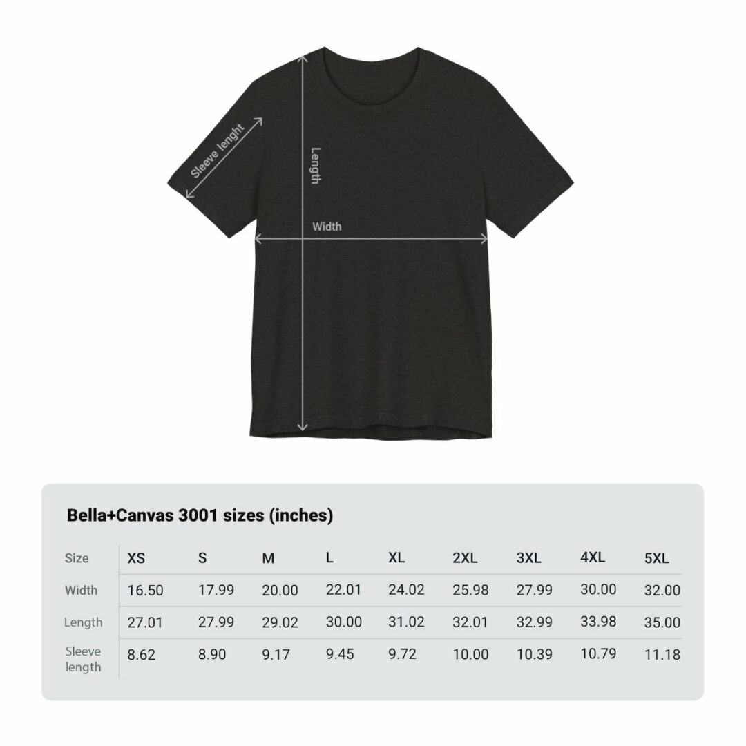Black t-shirt with Bella+Canvas 3001 size chart.