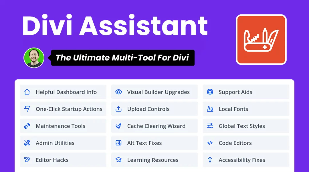 Graphic showcasing Divi Assistant features and toolset.