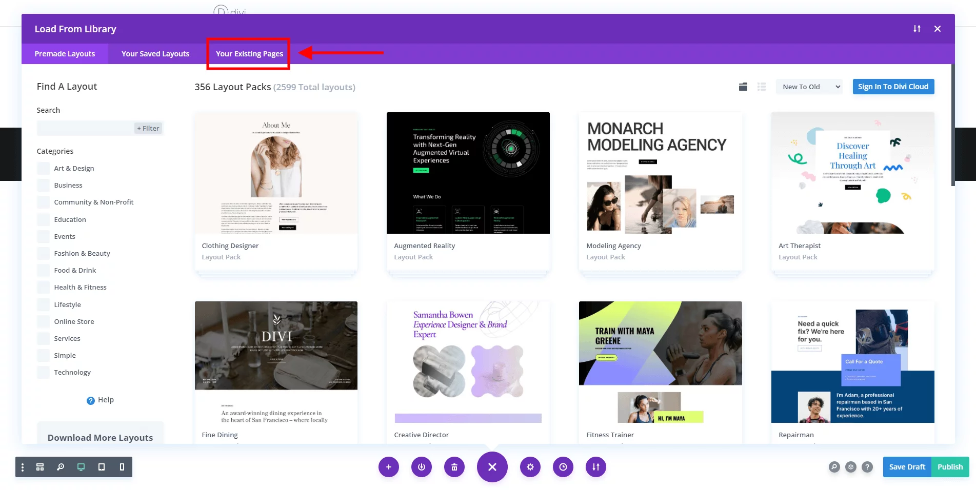 clone existing page in divi by first choosing the load from library option and selecting the your existing pages tab