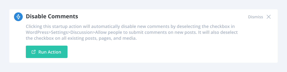 WordPress Disable Comments feature interface with Run Action button.