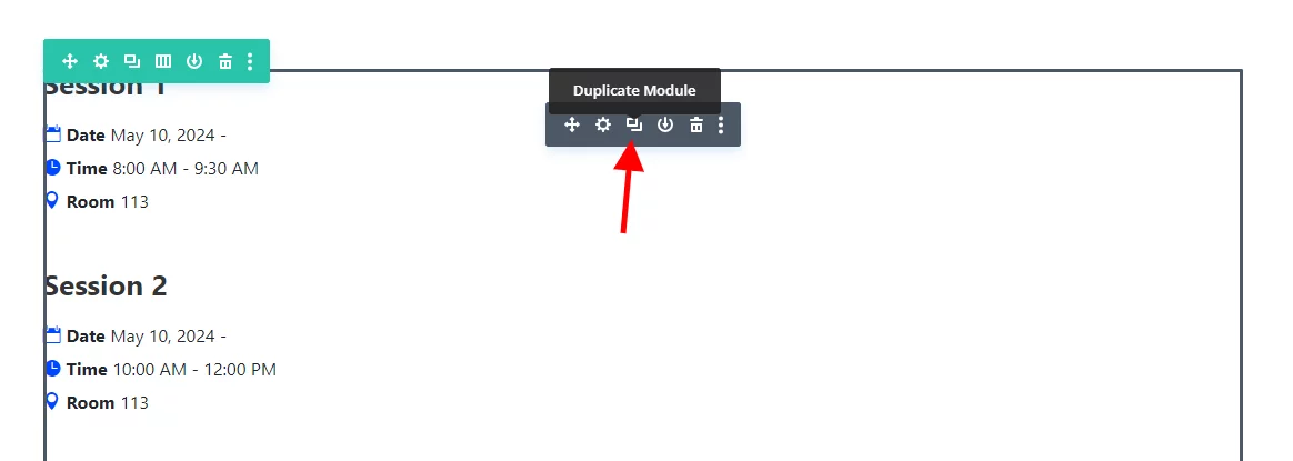 Hovering over "Duplicate Module" button.