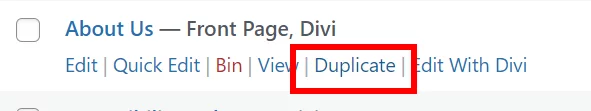 duplicate posts and pages from the admin pages or posts list in Divi with Divi Assitant plugin