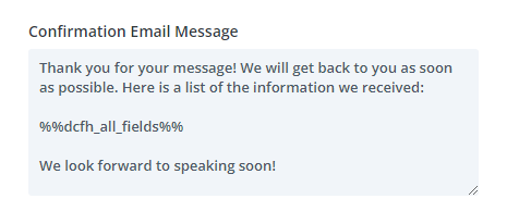 Confirmation email screenshot with received message template.